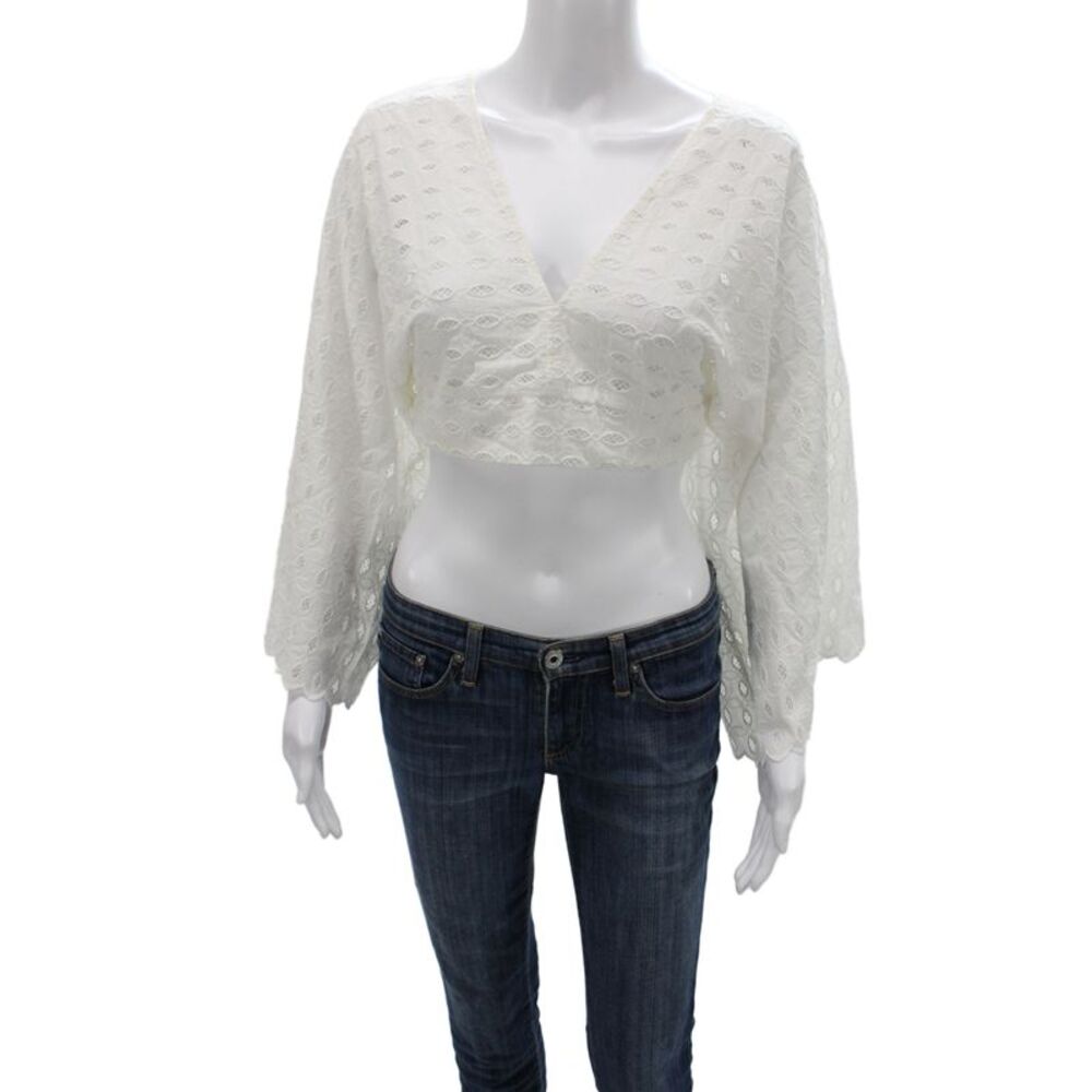 Exetera Women Cropped V-Neck Geometric Blouse 3/4 Sleeve White Size 40
